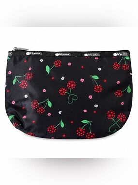 LeSportSac Cherry Print Cosmetic Travel Pouch Zip Case Black Makeup Bag 10”